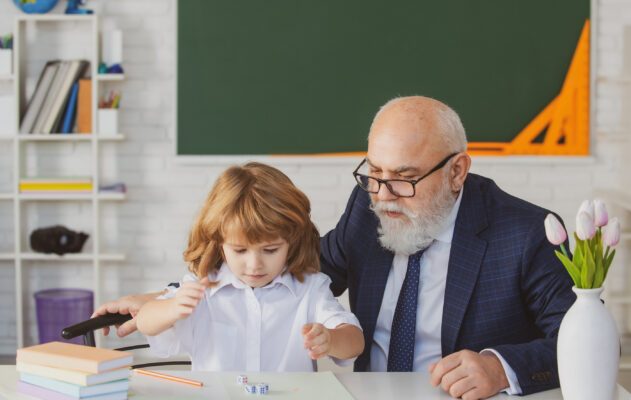 Old Senior Teacher And Young Student Or School Boy. Private Less