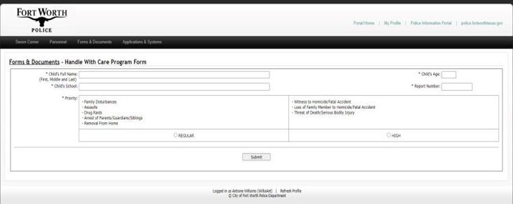 Handle With Care form in Fort Worth Police Department portal