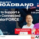 A promotional graphic for “My Healthy Broadband Live.” The top section shows the title “My Healthy Broadband Live” with icons for Facebook, LinkedIn, and YouTube Live, and a logo for the Reality Health Community Challenge. Large text reads “S2. E3. How to Support a More Connected SeniorFORCE.” On the right side, the date and time appear: “May 7, 2026, 2:00 pm – 3:00 pm PST.” Across the lower half are photos of five individuals. On the left, two people are labeled “Lucy Howell, The Force for Health Network, CEO, co‑founder” and “Dr. Robert Gillio, The Force for Health Network, CMO, co‑founder.” In the center is a person labeled “Ryan Kawamoto, Regional Program Manager, OATS Older Adults Technology Services.” On the right, two individuals are labeled “Kelly Mukherjee, Director of Operations for Broadband & Digital Inclusion, ASU” and “& her mom Dr. Li‑Jun Chung.” A small Mother’s Day bouquet graphic appears near their names. Logos at the bottom include The Force for Health Network, AZ1, and the Arizona Broadband Stakeholder Network Digital Access Task Force. A QR code is displayed on each side of the bottom row. Background elements include digital network graphics, circuitry patterns, and word art such as “Science” and “Media.”