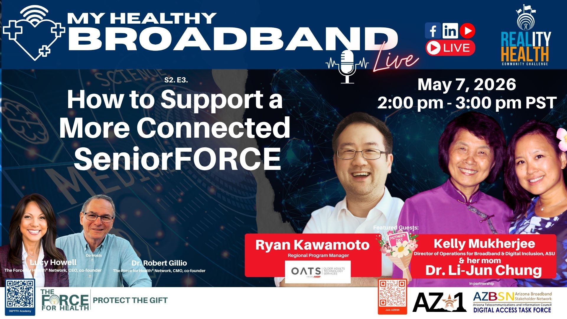 A promotional graphic for “My Healthy Broadband Live.” The top section shows the title “My Healthy Broadband Live” with icons for Facebook, LinkedIn, and YouTube Live, and a logo for the Reality Health Community Challenge. Large text reads “S2. E3. How to Support a More Connected SeniorFORCE.” On the right side, the date and time appear: “May 7, 2026, 2:00 pm – 3:00 pm PST.” Across the lower half are photos of five individuals. On the left, two people are labeled “Lucy Howell, The Force for Health Network, CEO, co‑founder” and “Dr. Robert Gillio, The Force for Health Network, CMO, co‑founder.” In the center is a person labeled “Ryan Kawamoto, Regional Program Manager, OATS Older Adults Technology Services.” On the right, two individuals are labeled “Kelly Mukherjee, Director of Operations for Broadband & Digital Inclusion, ASU” and “& her mom Dr. Li‑Jun Chung.” A small Mother’s Day bouquet graphic appears near their names. Logos at the bottom include The Force for Health Network, AZ1, and the Arizona Broadband Stakeholder Network Digital Access Task Force. A QR code is displayed on each side of the bottom row. Background elements include digital network graphics, circuitry patterns, and word art such as “Science” and “Media.”